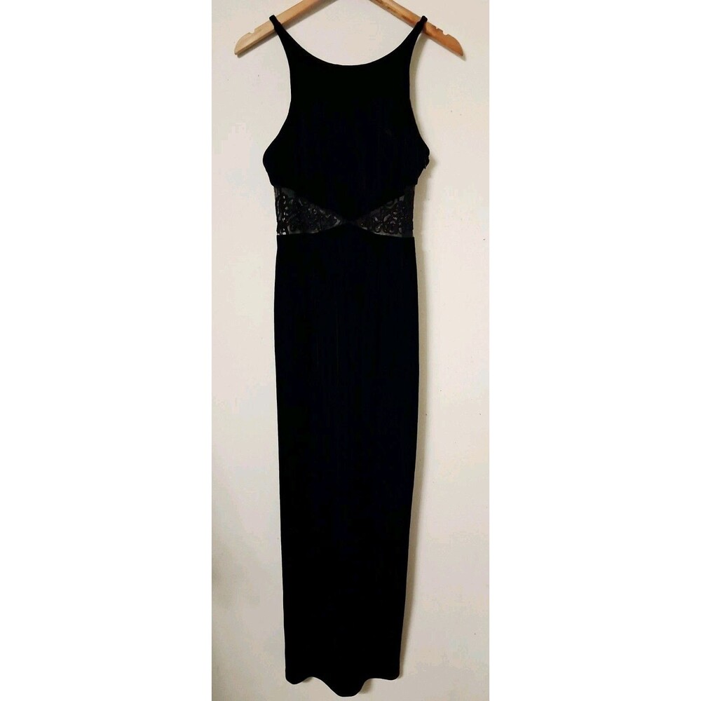 Vintage Bari Jay Black Velvet Prom Formal Dress Gown Mesh Beaded 11 12 Large